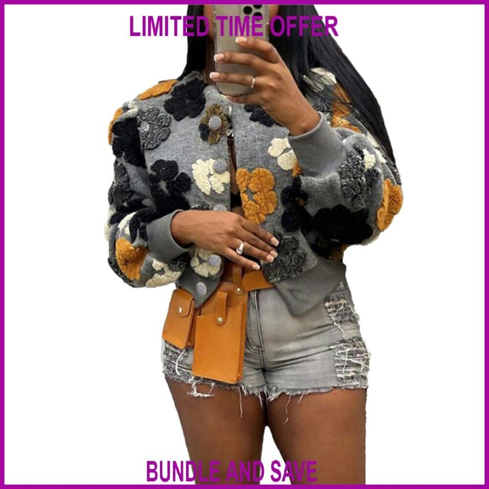Cropped Floral Bomber Jacket Fleece Long Sleeve Button Closure